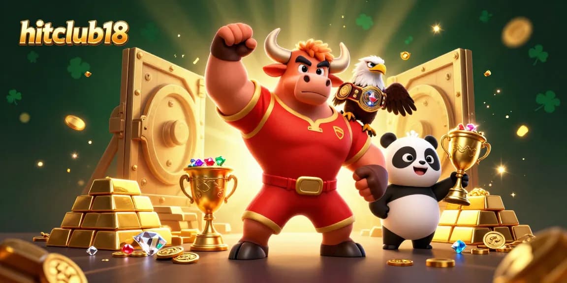Hitclub18 victory scene featuring a muscular bull, eagle, and panda amid golden treasures and casino elements.