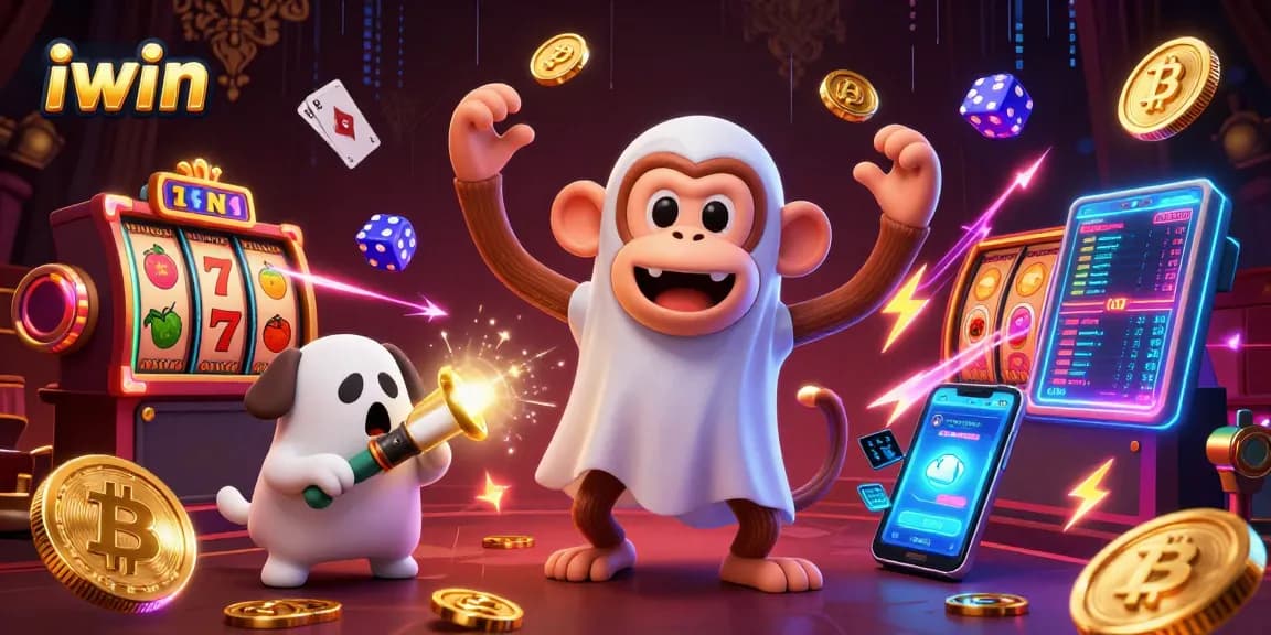 iwin showcases a haunted casino scene with a mischievous monkey juggling golden chips and a curious puppy with a flashlight.