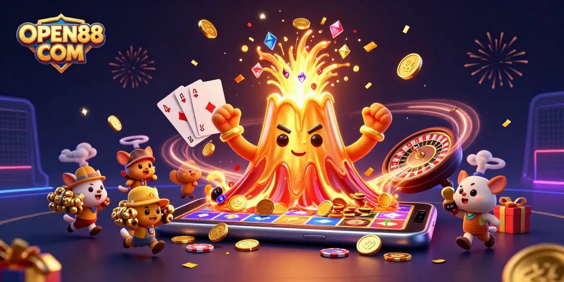 Jackpot excitement at OPEN88 COM with a triumphant golden volcano, gems, and treasure erupting!