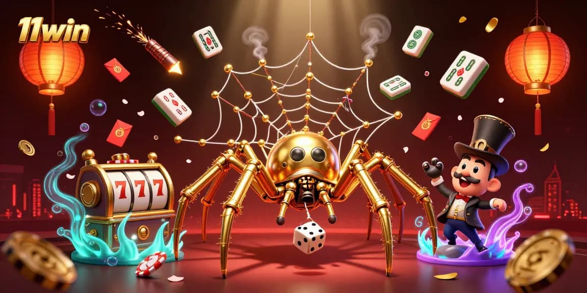 Visualize 11win's thrilling adventure with a steampunk spider and golden web capturing lucky dice.