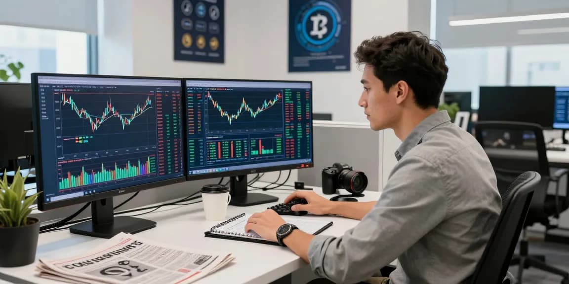 Криптобиржа Bitmex: трейдер анализирует данные на мониторах в современном офисе