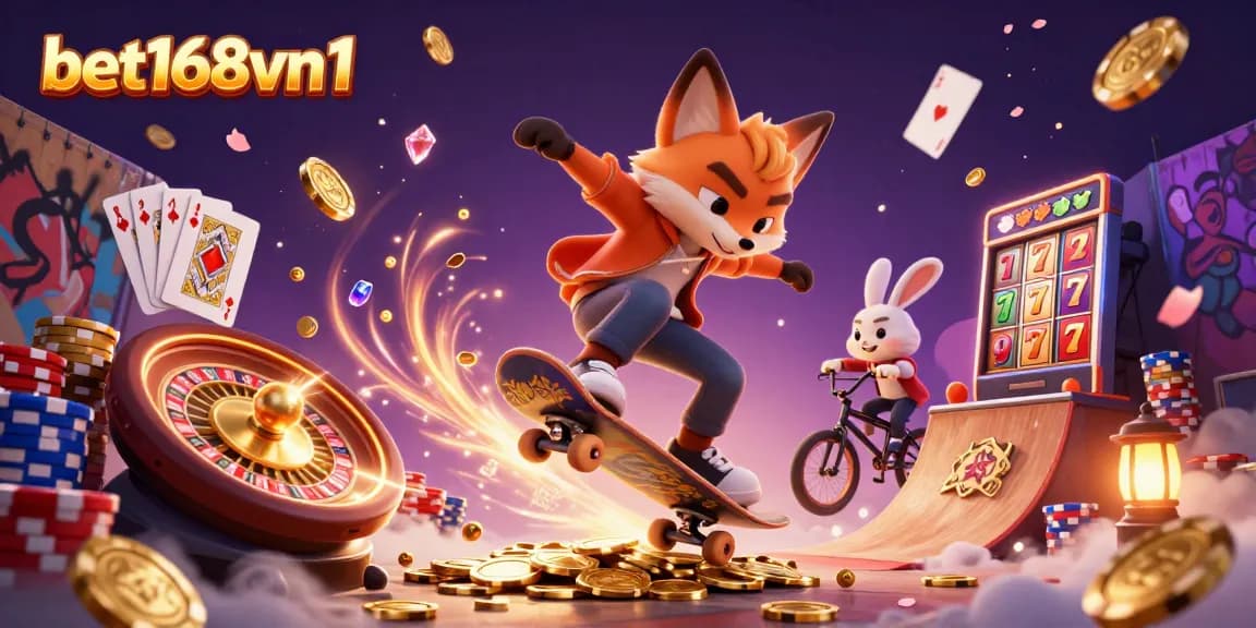 Engage in exciting gameplay at bet168vn1 as a spirited fox performs tricks over poker chips.