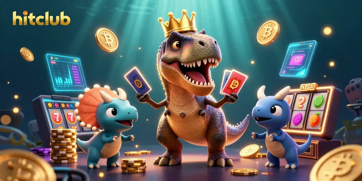 Play exciting games at hitclub with a playful T-Rex and friends shuffling cards and stacking chips.