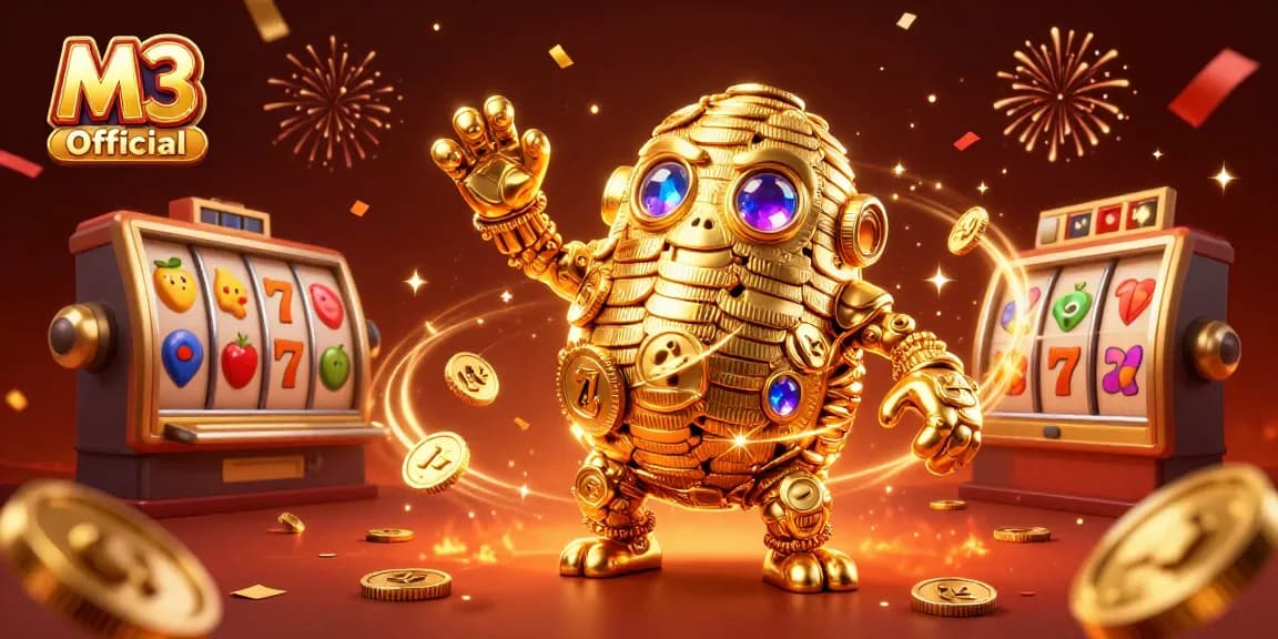 M3 Casino Official welcomes players to thrilling slot games with a vibrant golden golem, coins, and lively casino elements.