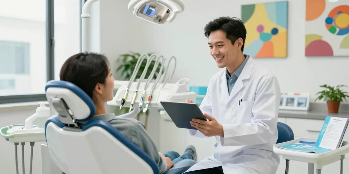 Patient smiling with dentist in our site dental clinic, showcasing modern care and comfort.