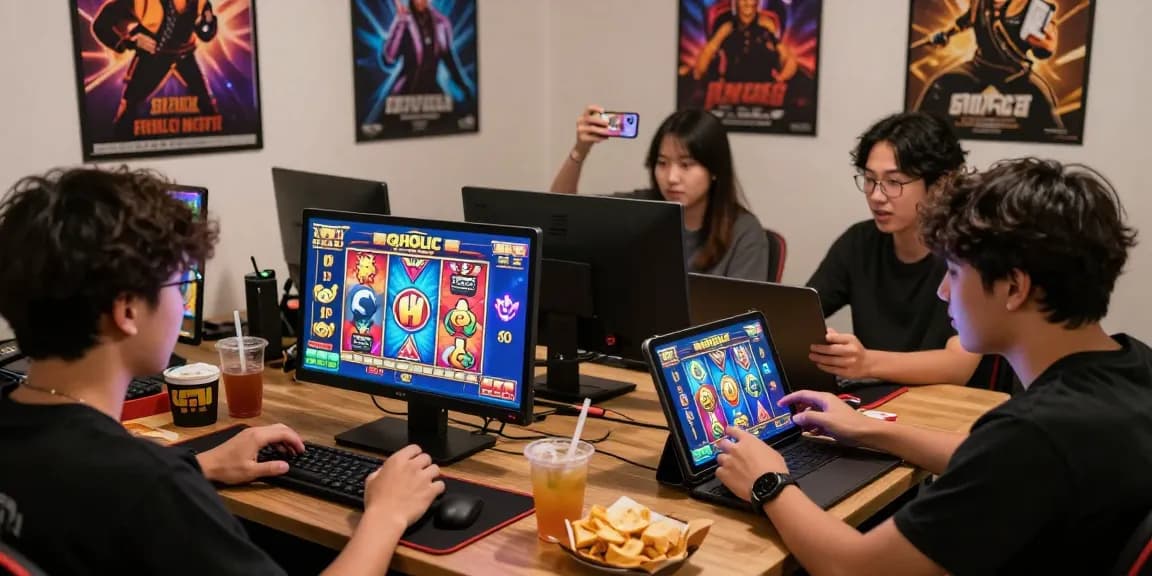 Players enjoying QQHOLIC Slot Gacor in a vibrant gaming setup with devices and snacks.