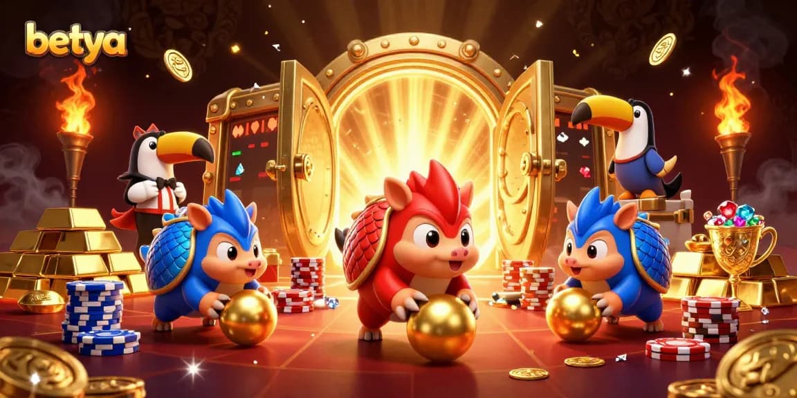 Betya's vibrant 3D pangolin casino scene showing dynamic gaming action with golden treasures.