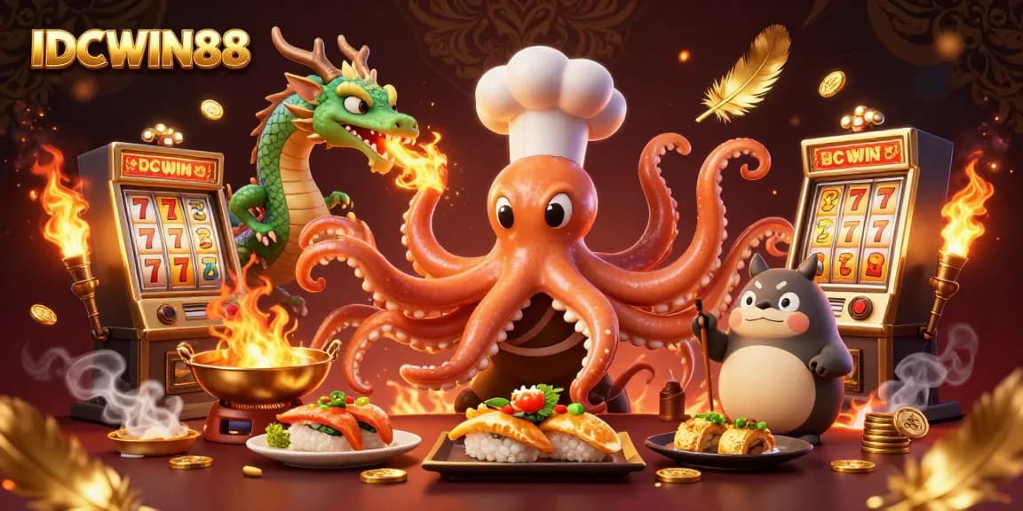 Experience thrilling gameplay with IDCWIN88's vibrant slot action featuring golden dishes and animated characters.