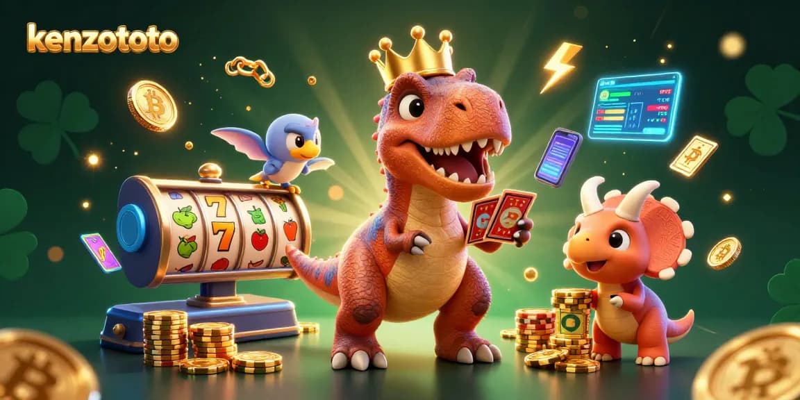 Kenzototo features a lively scene with a cartoon T-Rex shuffling slot cards, enhancing your online gaming experience.