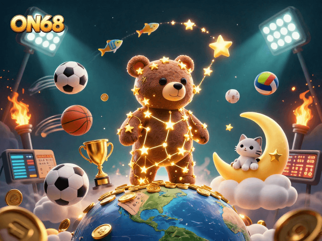 Experience the thrill of ON68 with a vibrant scene featuring a constellation bear and sports betting elements.