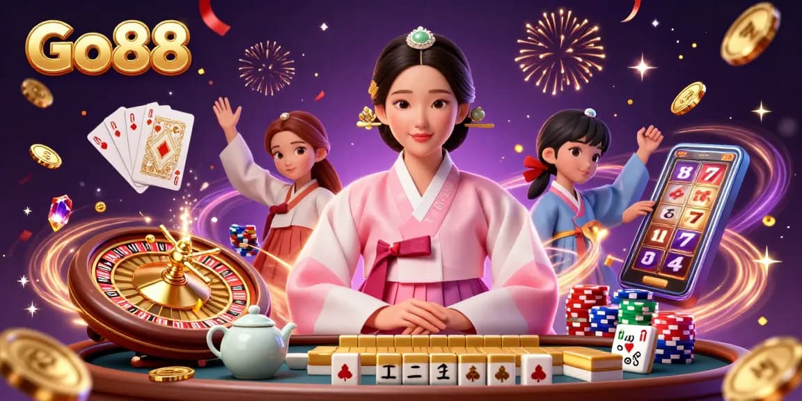 Experience Go88's thrilling casino adventure with a graceful figure among sparkling gems and golden coins.