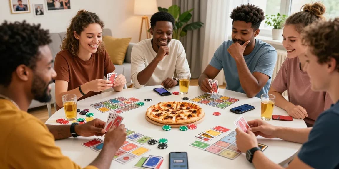 Friends engaging in a lively card game session featuring Card Rummy, complete with colorful game pieces and a cozy setting.