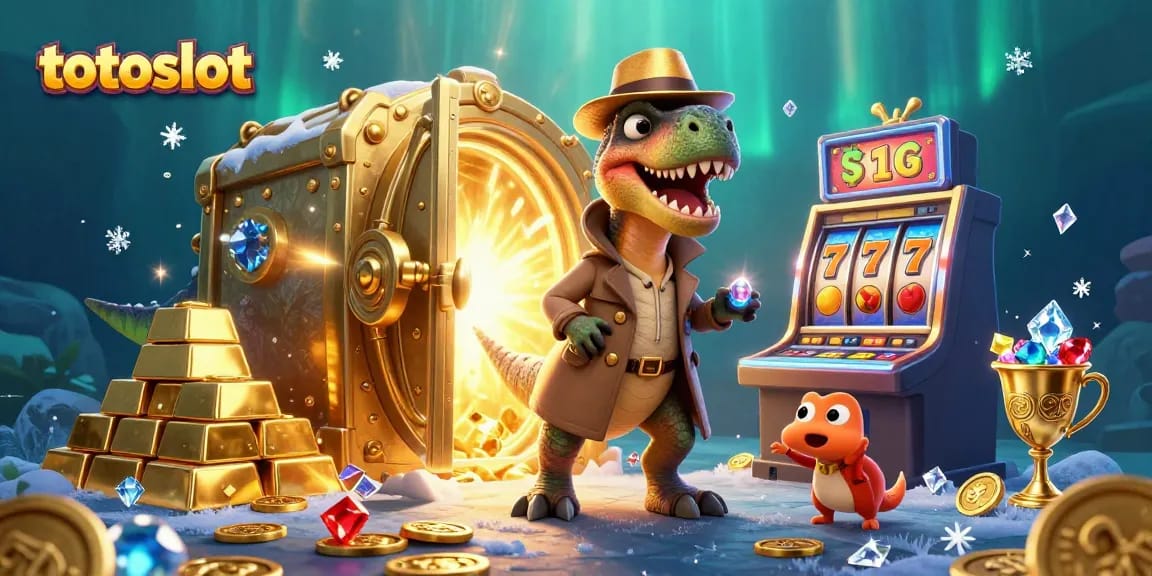 Engage with totoslot adventures at a dynamic casino scene with cartoon dinosaurs.
