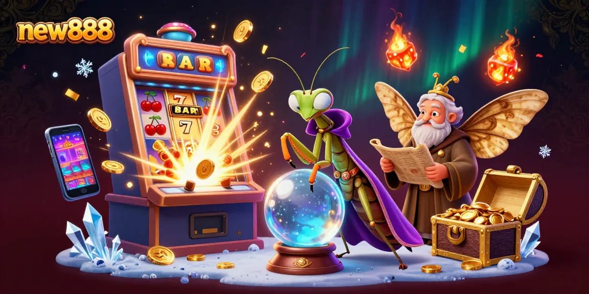 Engage in thrilling gameplay with new888, featuring a vibrant casino scene with slots and mystical characters.