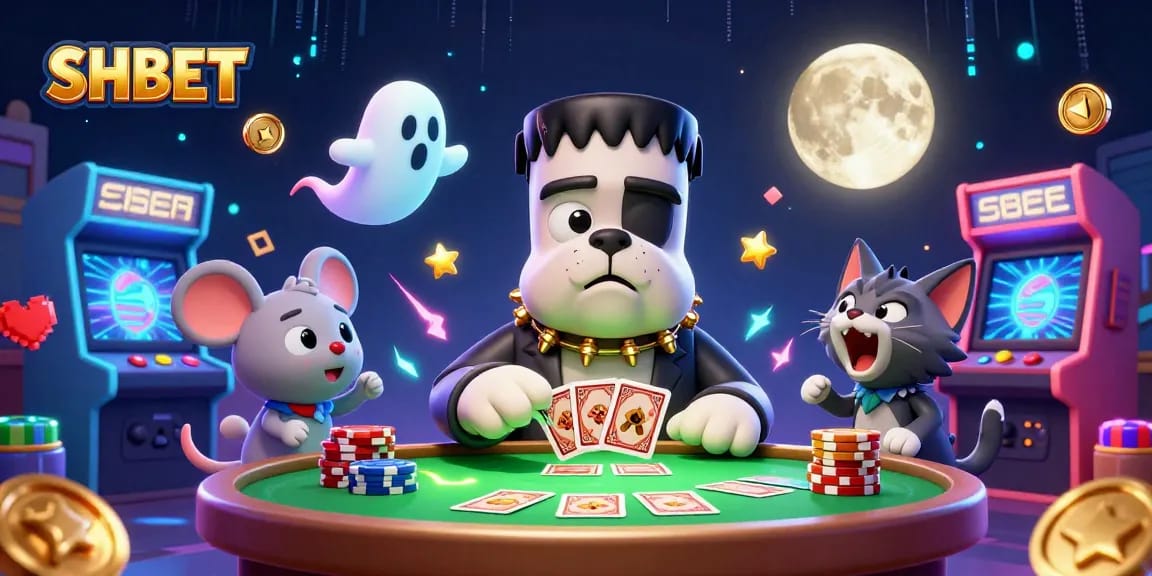 Engage with thrilling SHBET gaming as the Frankenstein bulldog deals cards amidst ghostly action and vibrant casino elements.