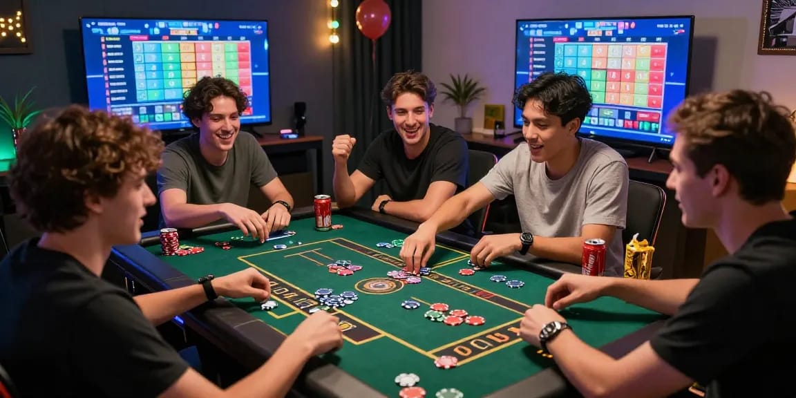 Suasana dewatogel dengan kelompok teman yang menikmati permainan togel online di ruang permainan modern.