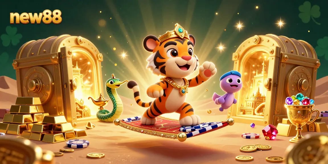 Experience the excitement of new88 with a colorful scene of a sultan and treasures from a magical casino adventure.