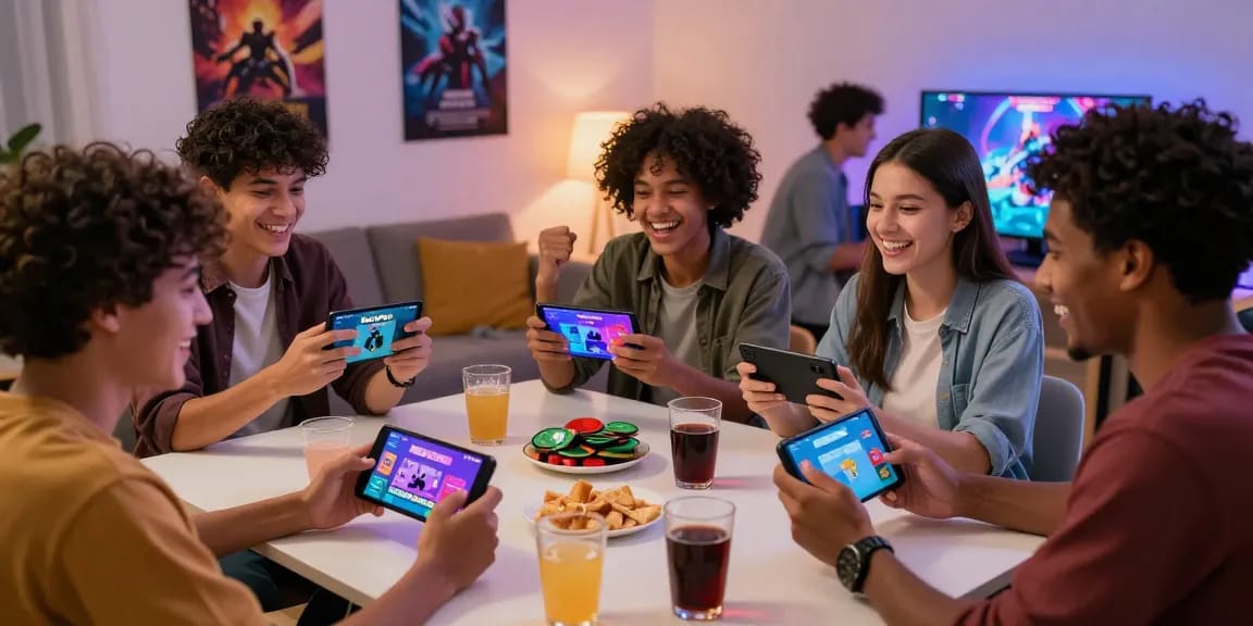 Friends enjoying yono games together, celebrating wins in a cozy living room.