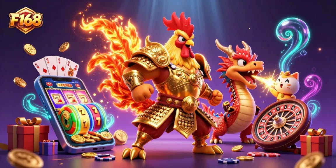 F168 offers thrilling gameplay featuring a cartoon rooster warrior and dragon amidst vibrant casino elements.