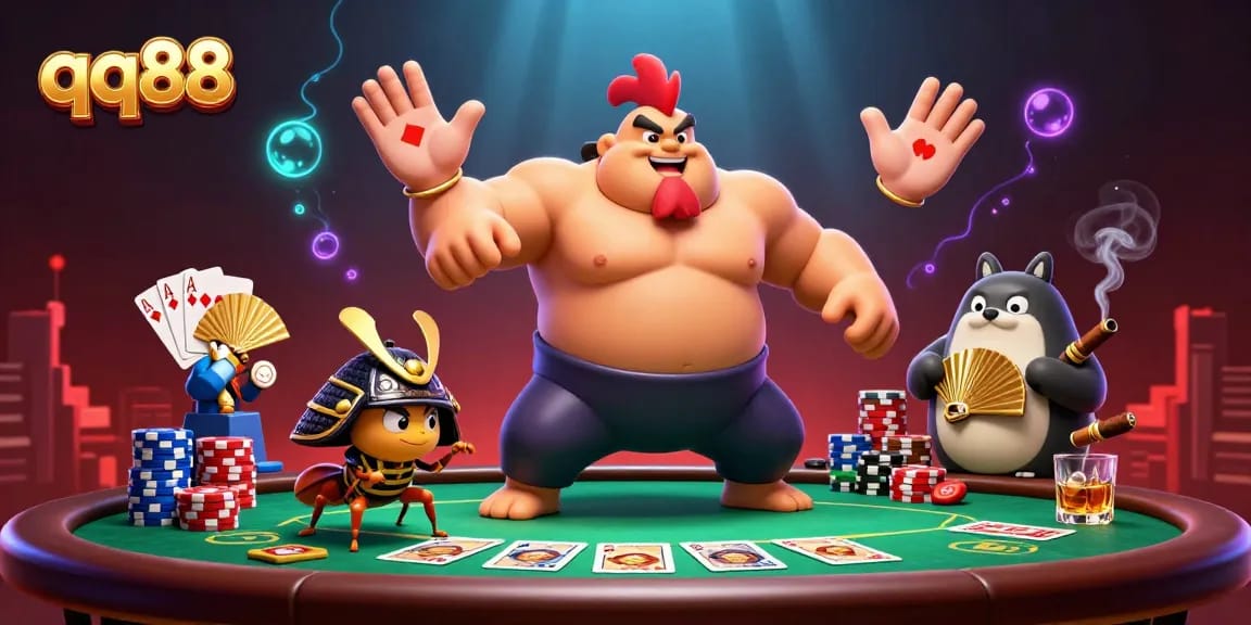 Experience thrilling gambling action at qq88 with a powerful sumo wrestler and fierce samurai cricket in a vibrant gaming scene.