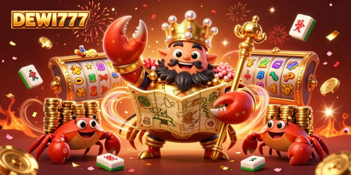 Engage with DEWI777's vibrant slot games featuring a golden crab emperor and treasure elements.