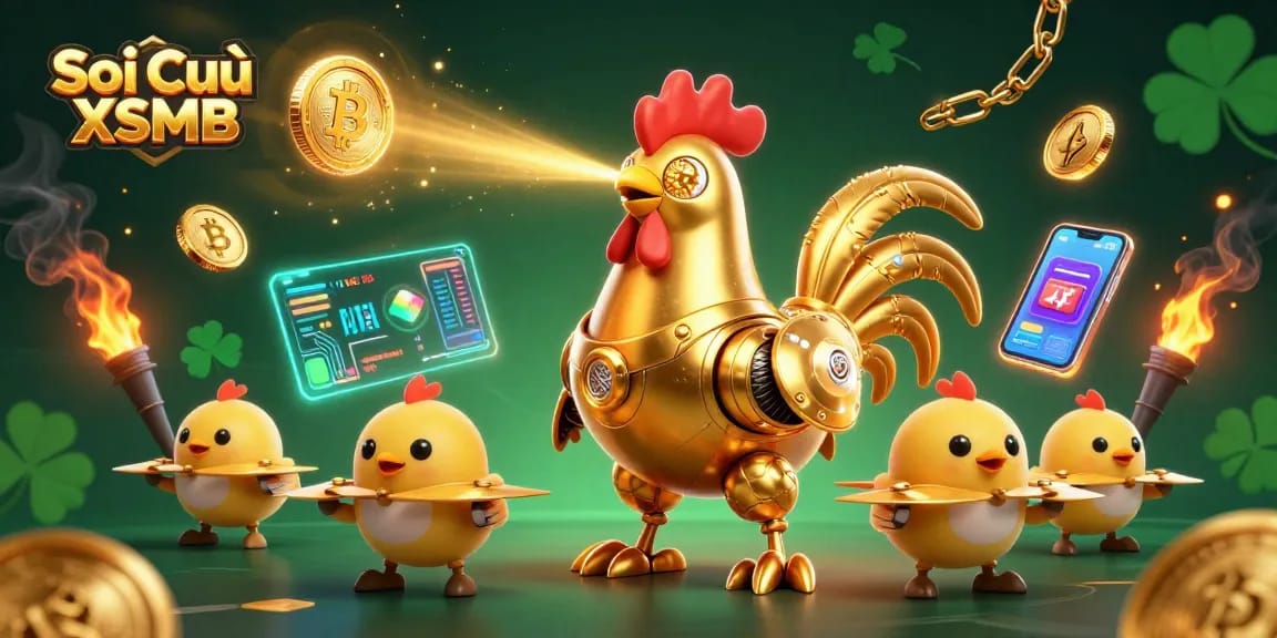 Soi Cầu XSMB reveals winning lottery strategies, highlighting a golden rooster robot surrounded by crypto coins.