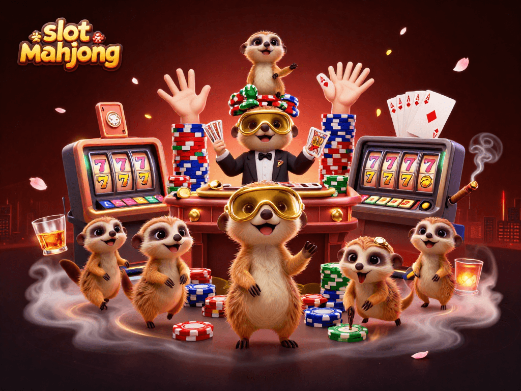 Experience the excitement of slot mahjong with cheerful meerkats running a vibrant casino operation in a rich atmosphere.