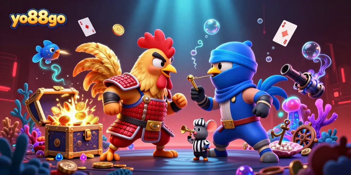Compete with yo88go in a thrilling 3D image of roosters and sparkling casino treasures.