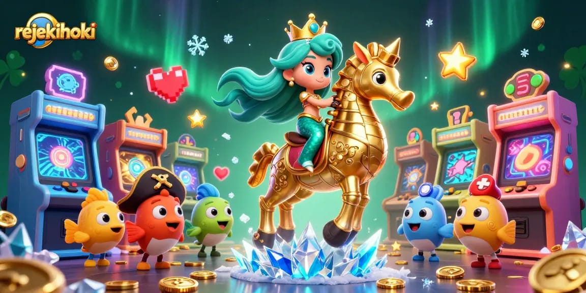 Experience rejekihoki's vibrant casino adventure with a magical mermaid and seahorse amidst gaming excitement.