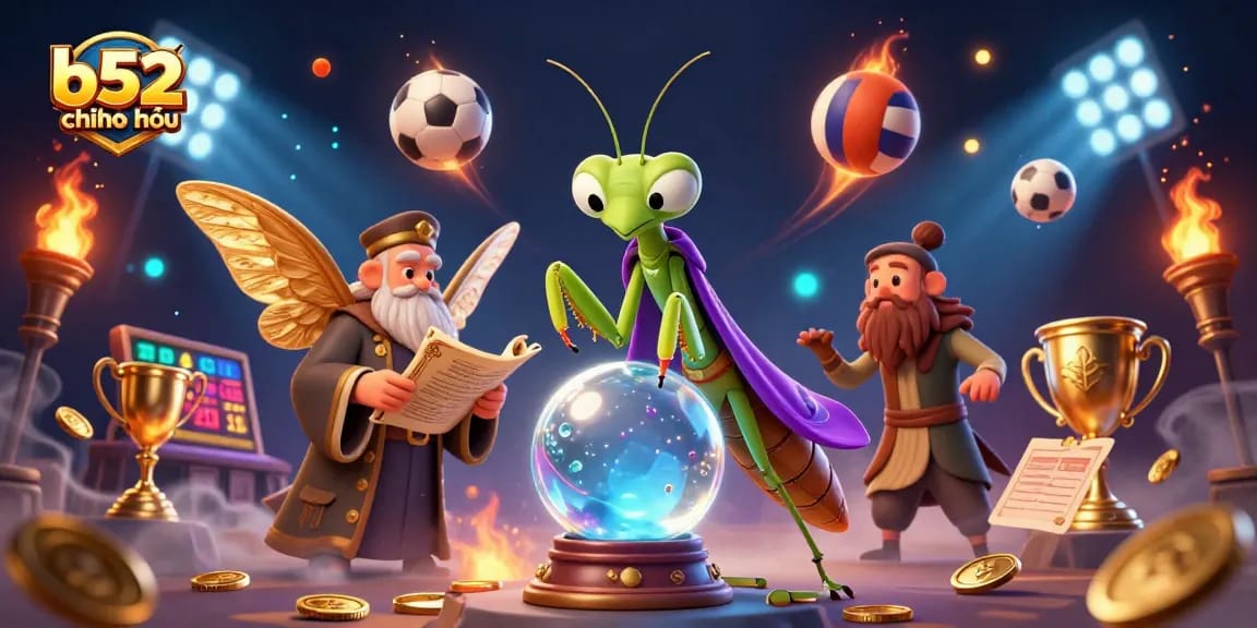 Engage with b52 chính thức for thrilling casino games, featuring a mystical scene with animated fortune tellers.