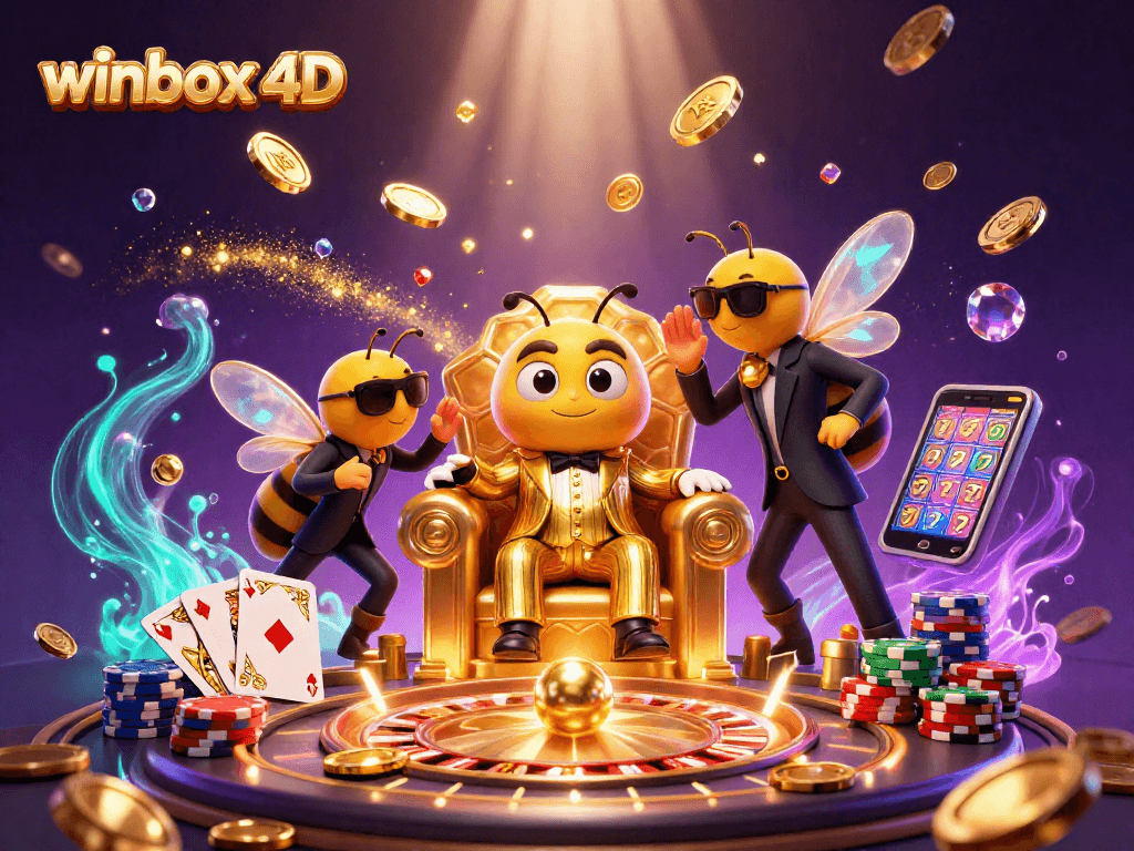 Spin to win with winbox 4d in this dynamic 3D casino-themed illustration.
