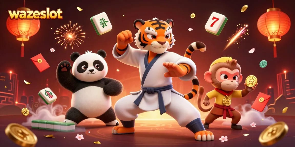 Engage with WAZESLOT as a kung fu tiger and friends immerse in high-stakes slot gaming fun.