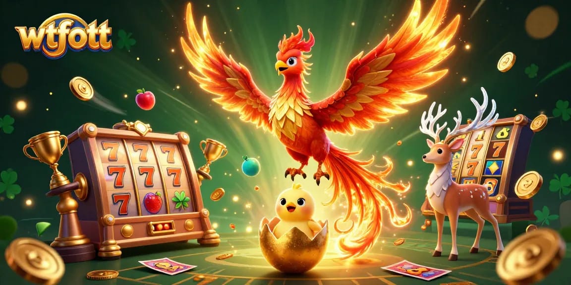 Experience wtfott with thrilling slots and a radiant phoenix in this vibrant casino scene.