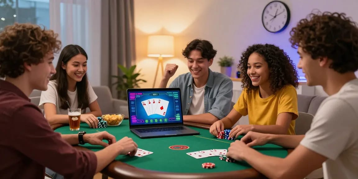 Friends enjoying online poker gaming session with Daftar Domino8 visible on the screen.