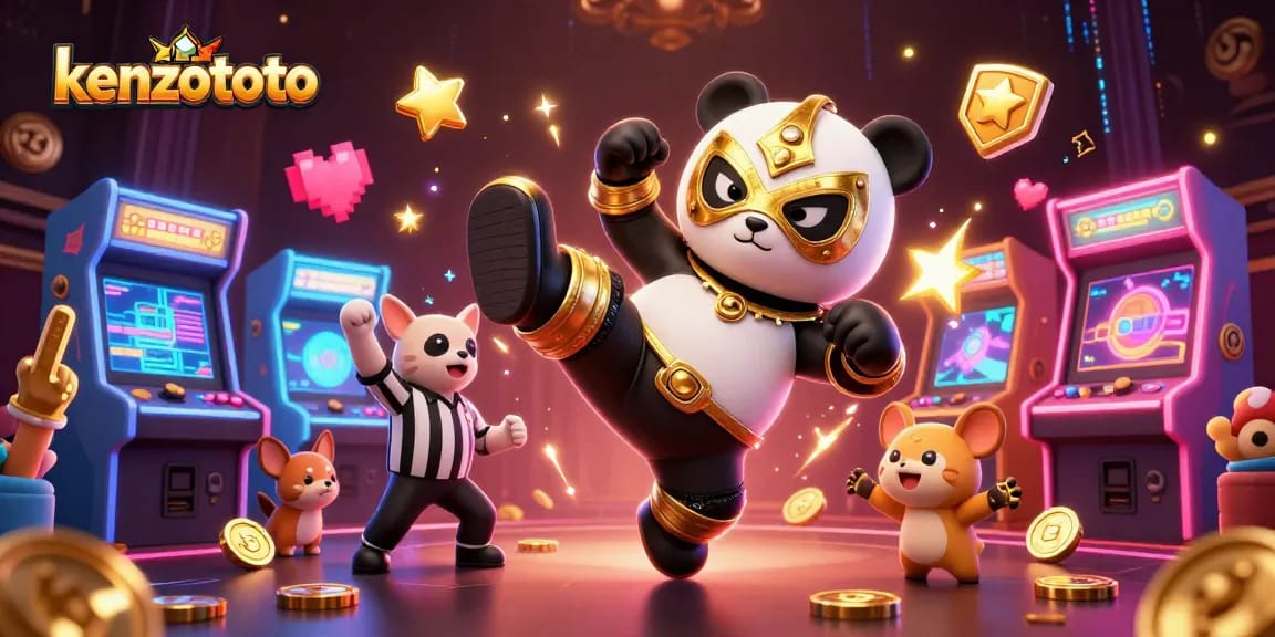 Kenzototo engages players with vibrant visuals of a panda wrestler kicking amidst game elements.
