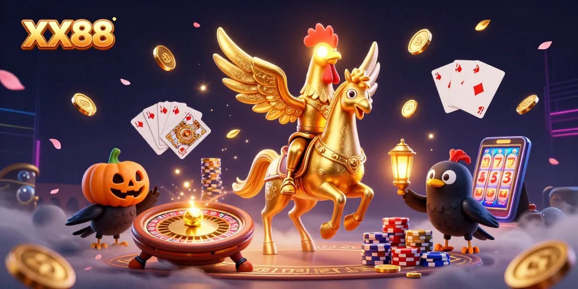 Join the golden rooster at XX88 while winning in the midnight casino with cascading coins and roulette action.