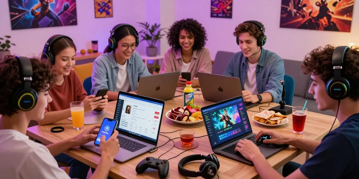 Exciting JaiClub gaming experience with players enjoying vibrant games on smartphones and laptops in a lively home setting.