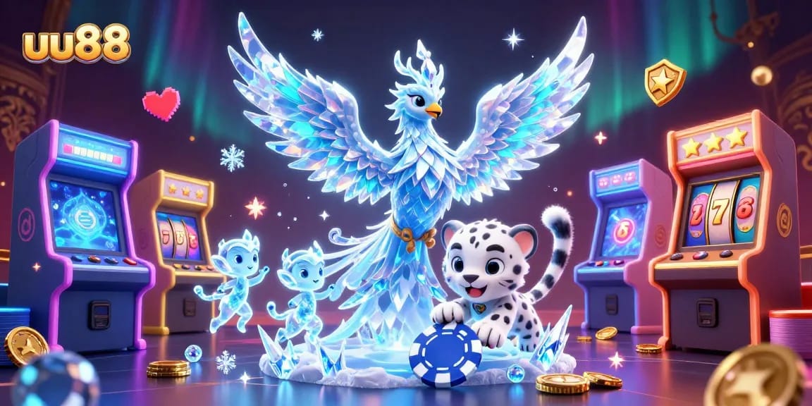 Engage with uu88's vibrant casino scene featuring a crystal phoenix and ice-themed gaming elements.