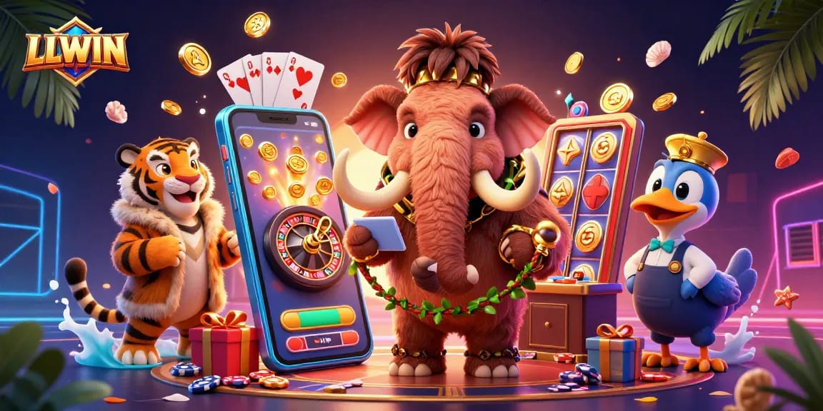 LLWIN casino scene showcasing woolly mammoth bouncer, saber-tooth VIP, colorful slot game elements.