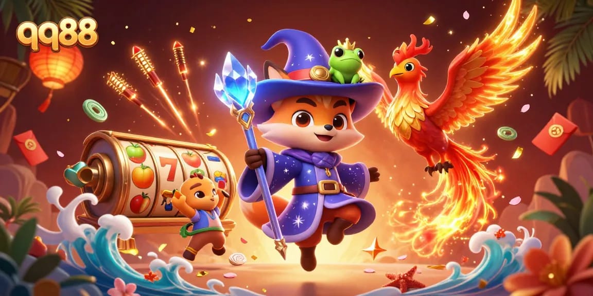 Experience the thrill of qq88 with magical elements, slot reels, and enchanting characters in an immersive casino scene.