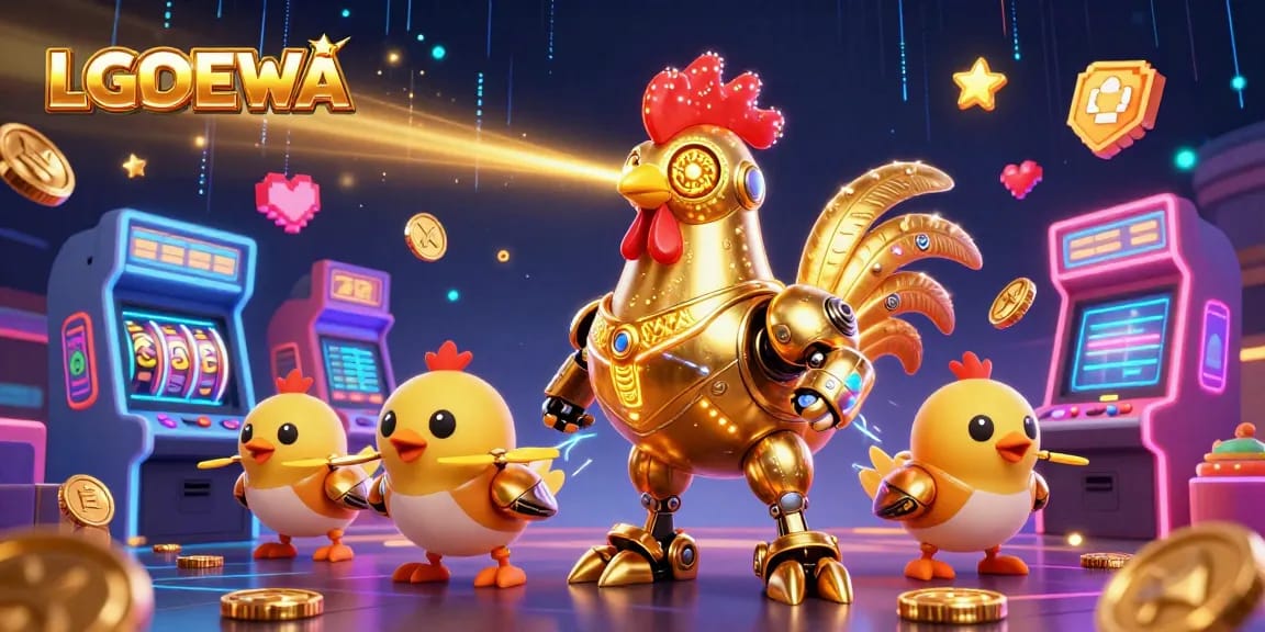 Experience LGODEWA's exciting slots with a vibrant golden rooster robot and dynamic gaming elements