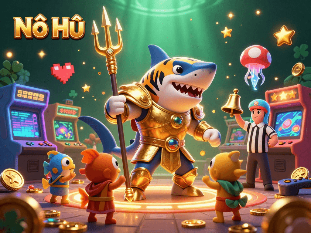 Nổ Hũ jackpot celebration with a golden tiger shark and arcade elements in a vibrant underwater scene.
