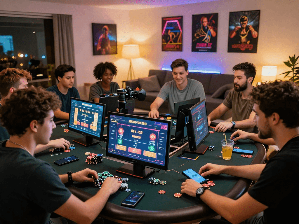 Friends enjoying online gambling on kebuntoto platform in a vibrant home setting