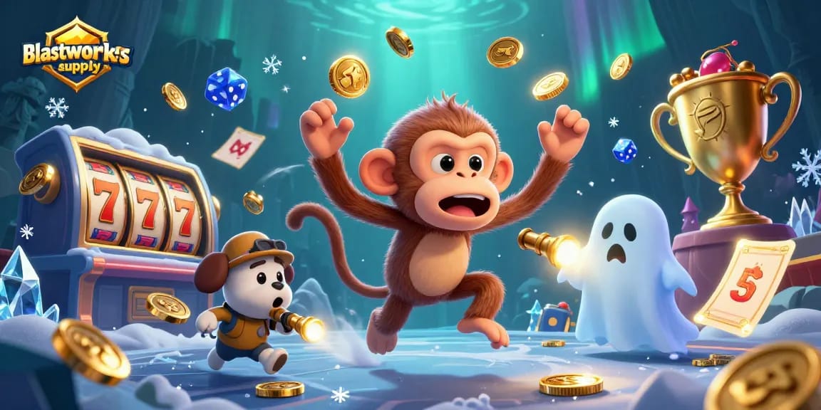 Experience thrilling gameplay with blastworkssupply's dynamic slot reels and energetic characters in a haunted casino.