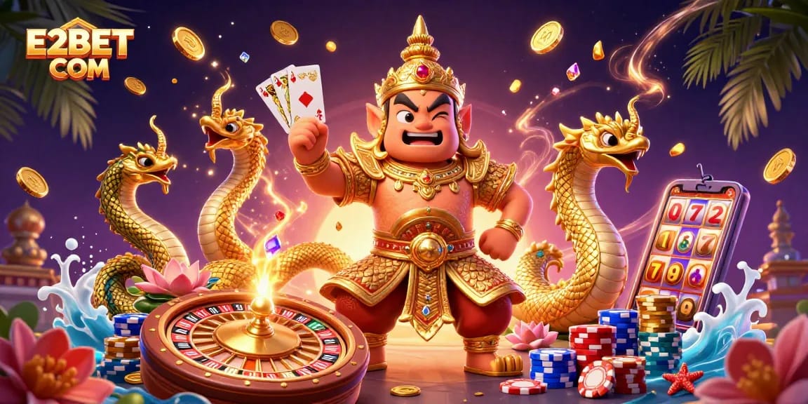 Experience thrilling gambling action at E2BET COM amidst dazzling casino elements and vibrant characters.