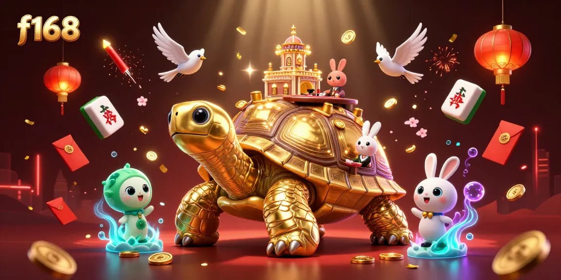 Engage with f168's vibrant casino world, featuring a golden tortoise and a rabbit dealer amidst flying coins.
