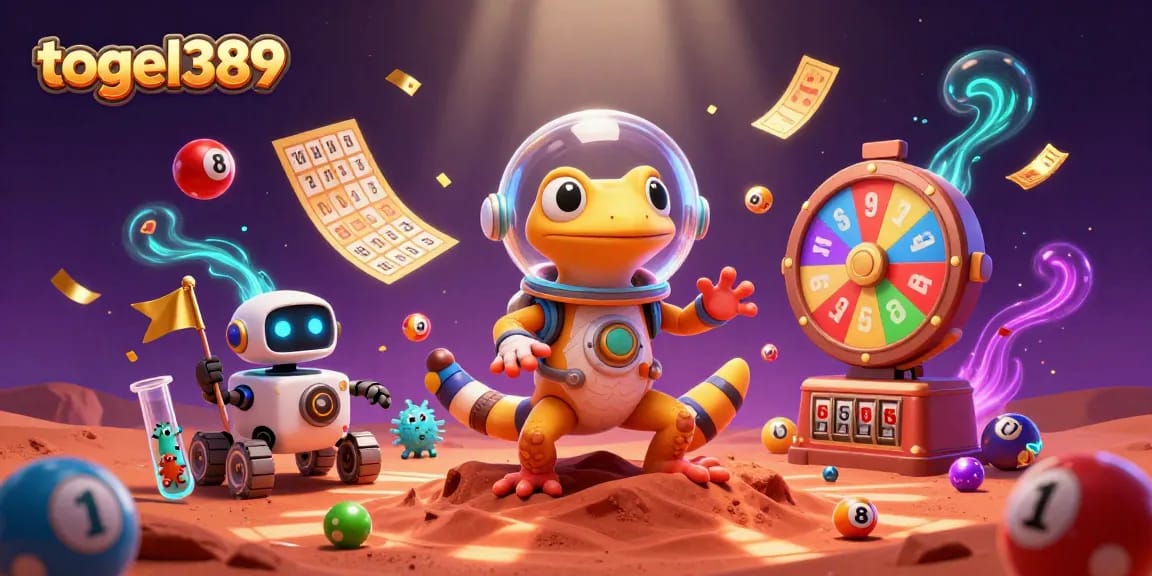 Togel389 lottery scene with a Martian gecko discovering a hidden casino with colorful game elements.