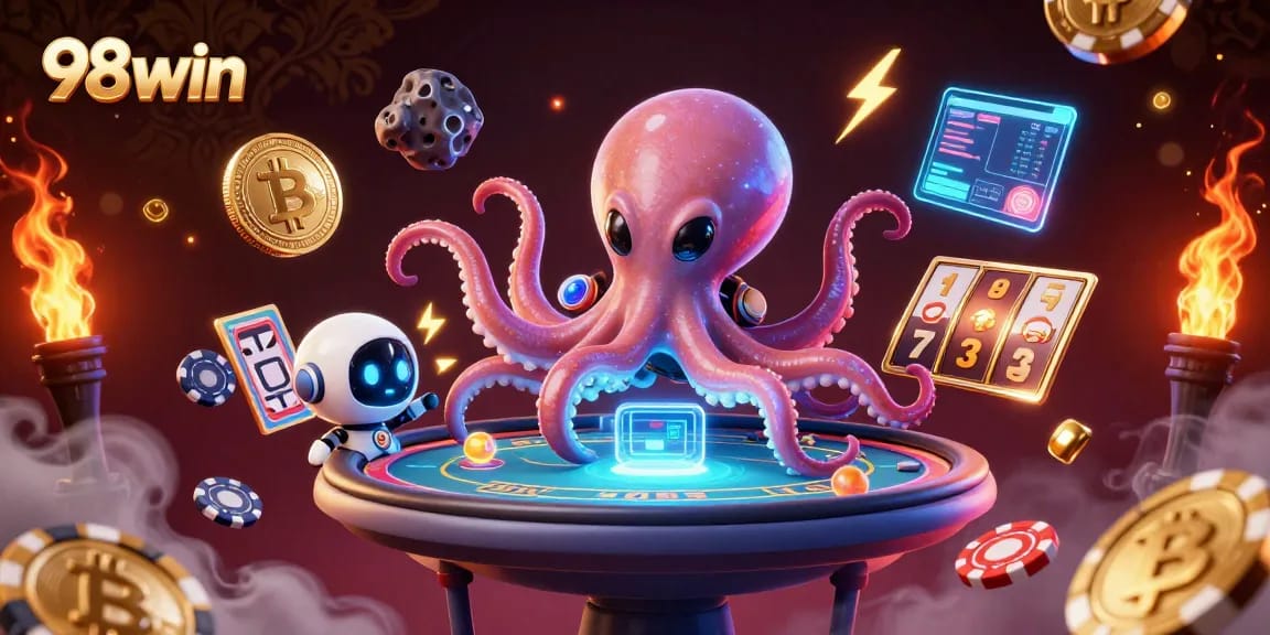 Spin thrilling jackpots at 98win with an alien octopus and robot in a shimmering casino universe.