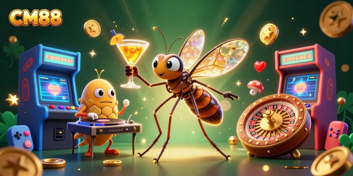 Experience casino excitement with CM88, featuring a whimsical 3D mosquito mascot and gaming elements.