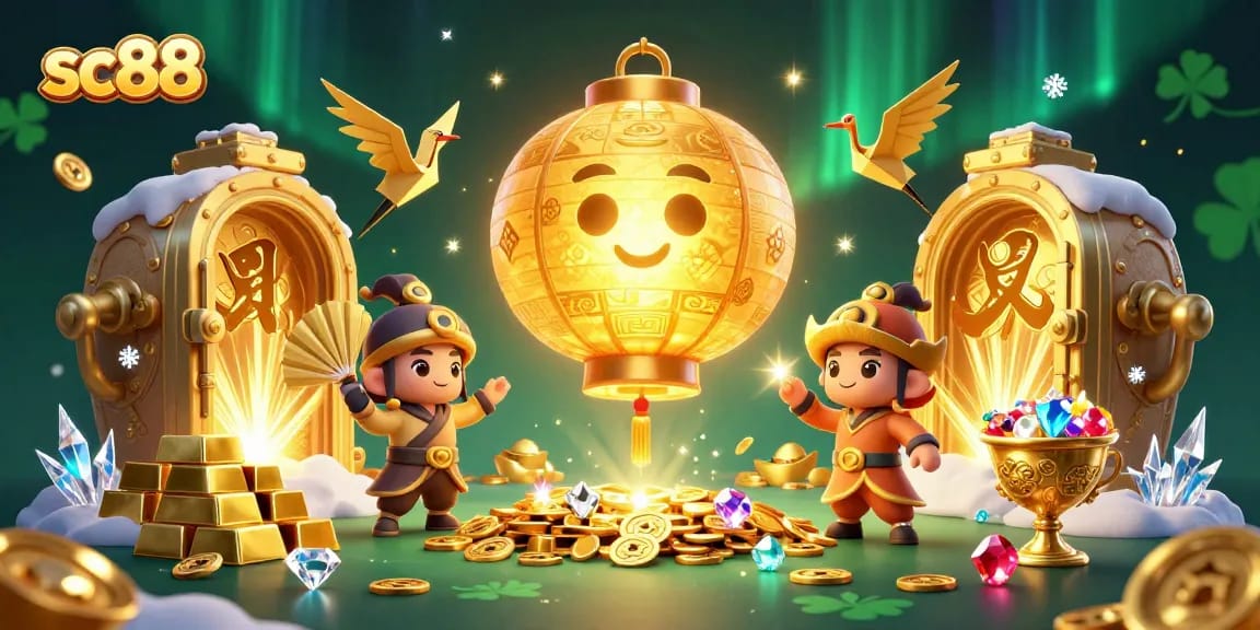 Experience the vibrant energy of SC88, showcasing an exciting night market casino atmosphere filled with golden treasures and lucky symbols.